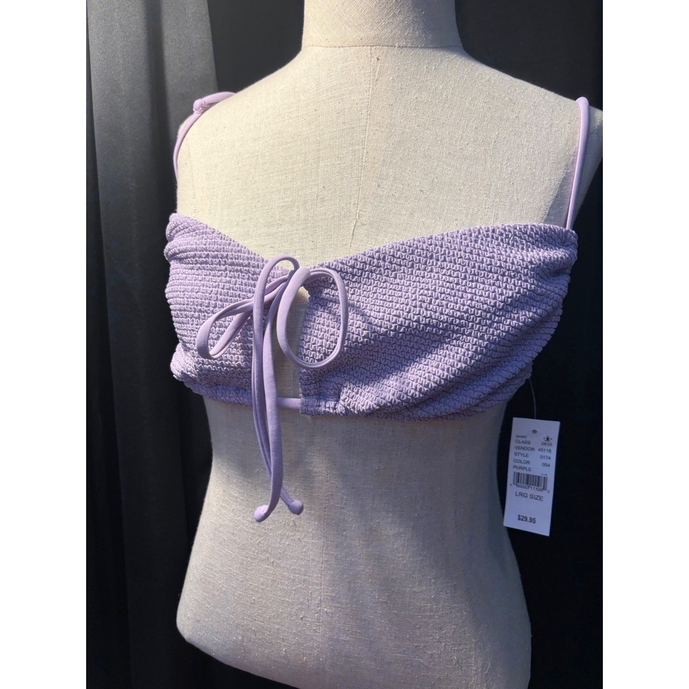 Purple Smocked Front Tie Bikini‎ Top Lavender Textured Swim Large NEW